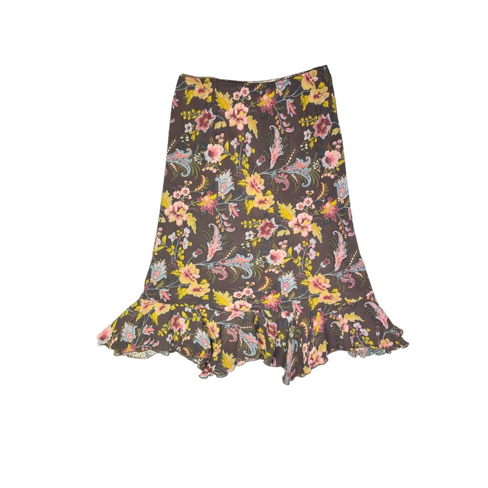 Cabi Size L #207 Ruffle Hem Skirt Reversible Floral Brown Green Pull-On Midi